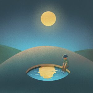 desert, lake, man, waiting, reflection, moon, moonlight, night, wandering, sand dunes, sahara, surreal, imagination, dream, fantasy, painting, nature, art
